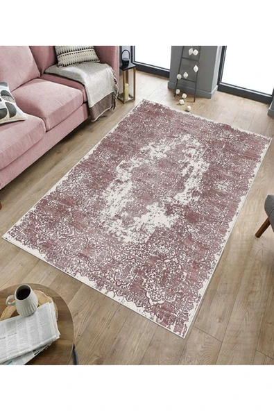 Makinede Yıkanabilir Leke Tutmaz  Pembe Dot Keçe Kaymaz Taban Vintage Göbekli Salon Saçaksız Halı E4172  PEMBE 80 x 200 - Resim 5