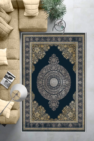 Makinede Yıkanabilir Leke Tutmaz  Lacivert Dot Keçe Kaymaz Taban Göbekli Salon Saçaksız Halı E4157  LACİVERT 80 x 300 - Resim 6