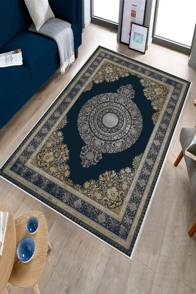 Makinede Yıkanabilir Leke Tutmaz  Lacivert Dot Keçe Kaymaz Taban Göbekli Salon Saçaksız Halı E4157  LACİVERT 80 x 300 - Resim 3