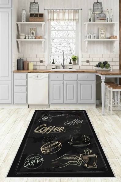Makinede Yıkanabilir Leke Tutmaz  Siyah Dot Keçe Kaymaz Taban Coffe Mutfak Saçaksız Halı LB232  ÇOKLU 200 x 300 - Resim 5
