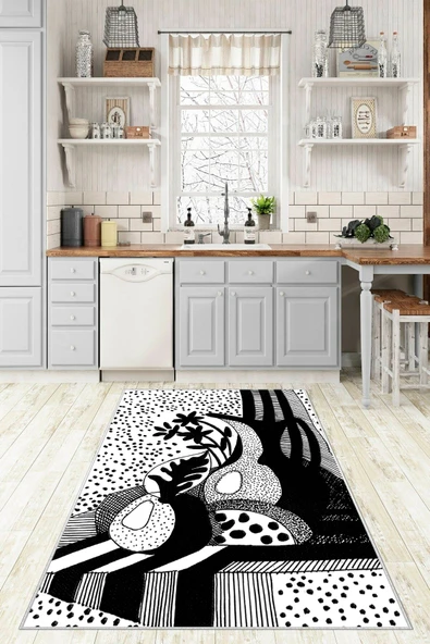 Makinede Yıkanabilir Leke Tutmaz  Siyah-Beyaz Pvc Deri Kaymaz Taban Tasarım Mutfak Saçaksız Halı F5036  ÇOKLU 120 x 180