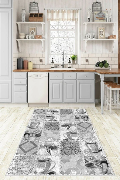 Makinede Yıkanabilir Leke Tutmaz  Gri Pvc Deri Kaymaz Taban Çay Tema Mutfak Saçaksız Halı F5030  ÇOKLU 80 x 200
