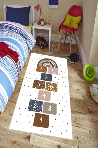 Makinede Yıkanabilir Leke Tutmaz  Beyaz Dot Keçe Kaymaz Taban Seksek Çocuk Saçaksız Halı H7115  ÇOKLU 80 x 150 - Resim 4