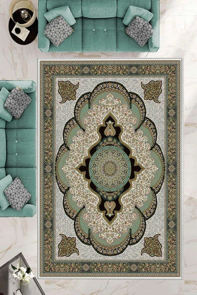 Makinede Yıkanabilir Leke Tutmaz  FıstıkYeşili Dot Keçe Kaymaz Taban Göbekli Salon Saçaksız Halı E4163  FISTIK YEŞİLİ 80 x 200 ürün görseli