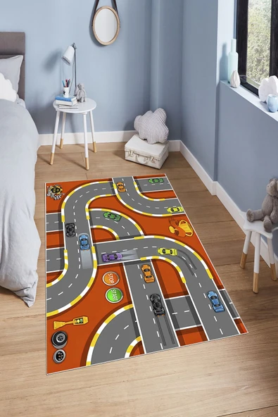 Makinede Yıkanabilir Leke Tutmaz  Gri-Turuncu Dot Keçe Kaymaz Taban Çevre Araç Çocuk Saçaksız Halı H7106  ÇOKLU 120 x 180 ürün görseli