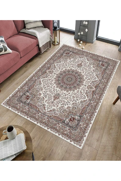 Makinede Yıkanabilir Leke Tutmaz  Krem-Kırmızı Dot Keçe Kaymaz Taban Göbekli Salon Saçaksız Halı E4168  KREM-KIRMIZI 80 x 200 - Resim 5