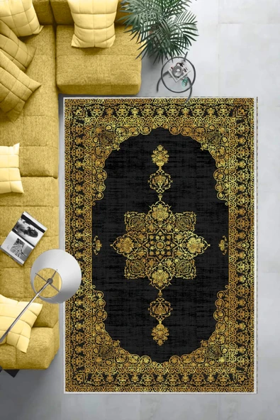 Makinede Yıkanabilir Leke Tutmaz  Siyah-Sarı Dot Keçe Kaymaz Taban Göbekli Salon Saçaksız Halı E4161  SİYAH-SARI 180 x 280 - Resim 4
