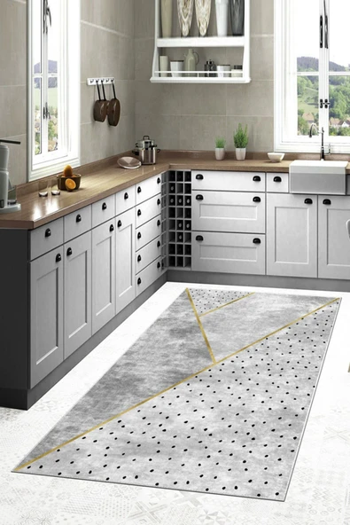 Makinede Yıkanabilir Leke Tutmaz  Gri Dot Keçe Kaymaz Taban Modern Mutfak Saçaksız Halı LB103  ÇOKLU 100 x 200