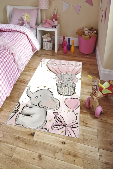 Makinede Yıkanabilir Leke Tutmaz  Gri-Pembe Dot Keçe Kaymaz Taban Sevimli Fil Çocuk Saçaksız Halı H7109  ÇOKLU 120 x 180 - Resim 3
