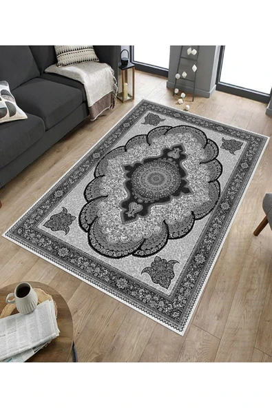 Makinede Yıkanabilir Leke Tutmaz  Siyah-Gri Dot Keçe Kaymaz Taban Göbekli Salon Saçaksız Halı E4164  SİYAH-GRİ 80 x 300 - Resim 5