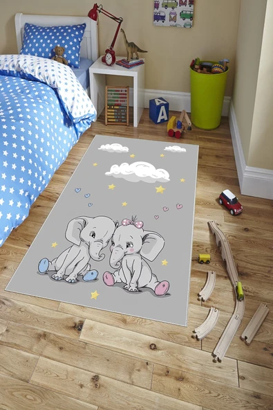 Makinede Yıkanabilir Leke Tutmaz  Gri Dot Keçe Kaymaz Taban Fil Çocuk Saçaksız Halı H7108  ÇOKLU 180 x 280 - Resim 4