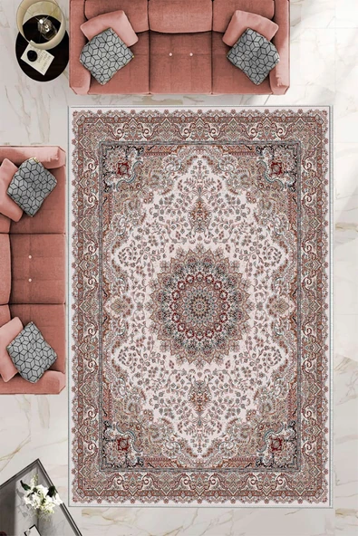 Makinede Yıkanabilir Leke Tutmaz  Pudra-Kırmızı Dot Keçe Kaymaz Taban Göbekli Salon Saçaksız Halı E4169  PUDRA-KIRMIZI 80 x 150
