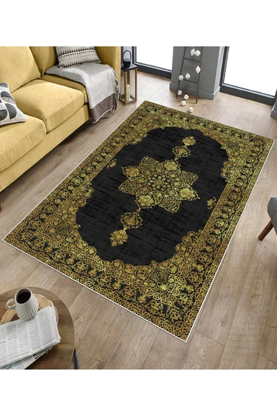 Makinede Yıkanabilir Leke Tutmaz  Siyah-Sarı Dot Keçe Kaymaz Taban Göbekli Salon Saçaksız Halı E4161  SİYAH-SARI 180 x 280 - Resim 5