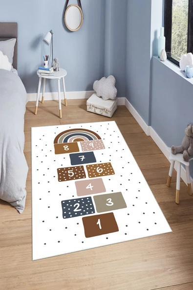 Makinede Yıkanabilir Leke Tutmaz  Beyaz Dot Keçe Kaymaz Taban Seksek Çocuk Saçaksız Halı H7115  ÇOKLU 80 x 300