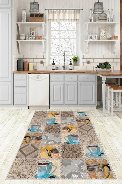 Makinede Yıkanabilir Leke Tutmaz  Multi Pvc Deri Kaymaz Taban Çay Tema Mutfak Saçaksız Halı F5029  ÇOKLU 120 x 180