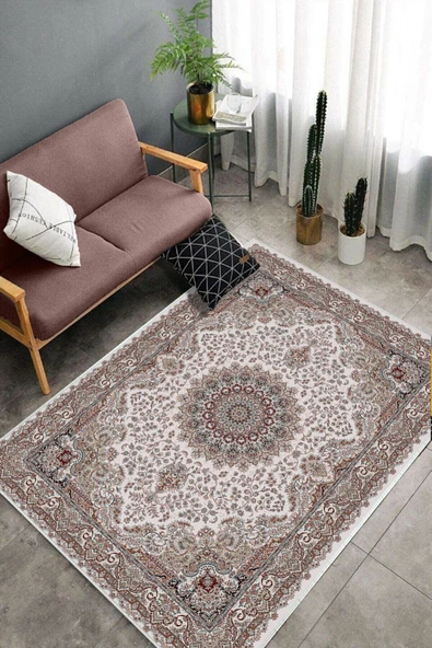 Makinede Yıkanabilir Leke Tutmaz  Pudra-Kırmızı Dot Keçe Kaymaz Taban Göbekli Salon Saçaksız Halı E4169  PUDRA-KIRMIZI 100 x 300 - Resim 4