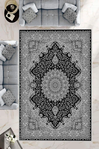 Makinede Yıkanabilir Leke Tutmaz  Gri-Siyah Dot Keçe Kaymaz Taban Göbekli Salon Saçaksız Halı E4170  GRİ-SİYAH 120 x 180 ürün görseli