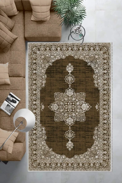 Makinede Yıkanabilir Leke Tutmaz  Kahverengi Dot Keçe Kaymaz Taban Göbekli Salon Saçaksız Halı E4160  KAHVERENGİ 160 x 230 - Resim 6