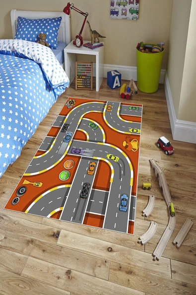 Makinede Yıkanabilir Leke Tutmaz  Gri-Turuncu Dot Keçe Kaymaz Taban Çevre Araç Çocuk Saçaksız Halı H7106  ÇOKLU 160 x 230 - Resim 3