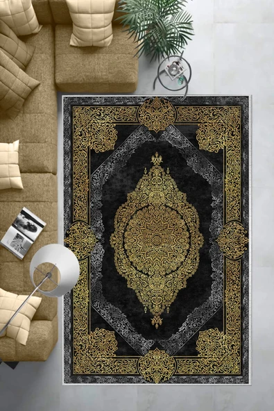 Makinede Yıkanabilir Leke Tutmaz  Gold-Siyah Dot Keçe Kaymaz Taban Göbekli Salon Saçaksız Halı E4176  GOLD-SİYAH 120 x 180 - 6