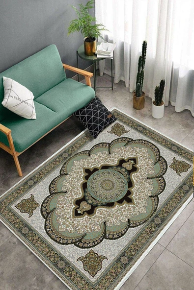 Makinede Yıkanabilir Leke Tutmaz  FıstıkYeşili Dot Keçe Kaymaz Taban Göbekli Salon Saçaksız Halı E4163  FISTIK YEŞİLİ 80 x 200 - Resim 4