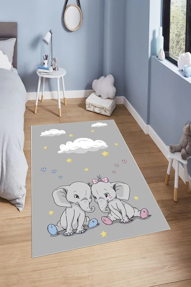 Makinede Yıkanabilir Leke Tutmaz  Gri Dot Keçe Kaymaz Taban Fil Çocuk Saçaksız Halı H7108  ÇOKLU 200 x 300