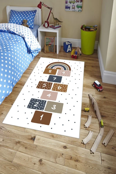 Makinede Yıkanabilir Leke Tutmaz  Beyaz Dot Keçe Kaymaz Taban Seksek Çocuk Saçaksız Halı H7115  ÇOKLU 100 x 300 - Resim 3
