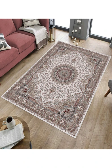 Makinede Yıkanabilir Leke Tutmaz  Pudra-Kırmızı Dot Keçe Kaymaz Taban Göbekli Salon Saçaksız Halı E4169  PUDRA-KIRMIZI 180 x 280 - 5