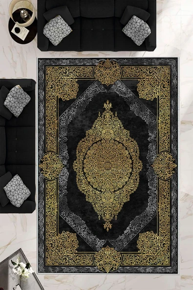 Makinede Yıkanabilir Leke Tutmaz  Gold-Siyah Dot Keçe Kaymaz Taban Göbekli Salon Saçaksız Halı E4176  GOLD-SİYAH 100 x 300