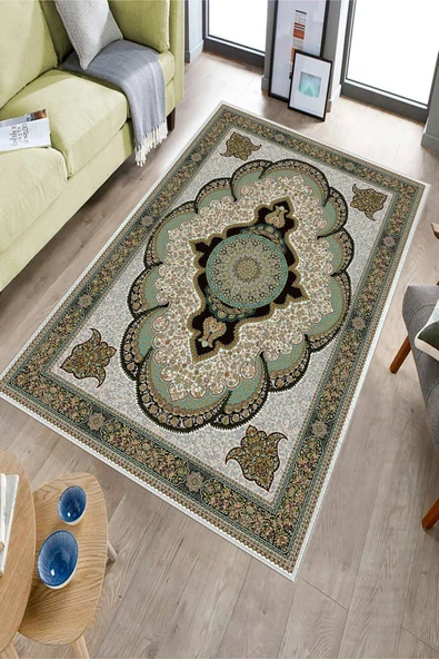 Makinede Yıkanabilir Leke Tutmaz  FıstıkYeşili Dot Keçe Kaymaz Taban Göbekli Salon Saçaksız Halı E4163  FISTIK YEŞİLİ 80 x 200 - Resim 3