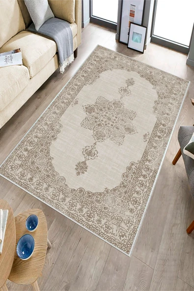 Makinede Yıkanabilir Leke Tutmaz  Bej Dot Keçe Kaymaz Taban Göbekli Salon Saçaksız Halı E4159  BEJ 180 x 280 - Resim 3