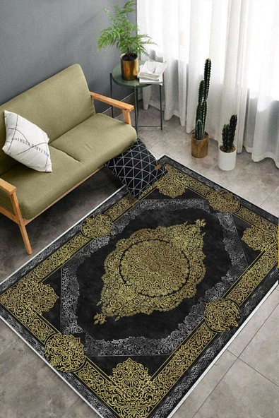Makinede Yıkanabilir Leke Tutmaz  Gold-Siyah Dot Keçe Kaymaz Taban Göbekli Salon Saçaksız Halı E4176  GOLD-SİYAH 80 x 300 - Resim 4