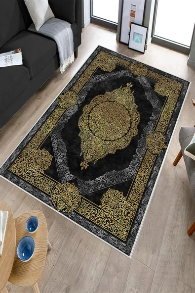 Makinede Yıkanabilir Leke Tutmaz  Gold-Siyah Dot Keçe Kaymaz Taban Göbekli Salon Saçaksız Halı E4176  GOLD-SİYAH 80 x 300 - Resim 3