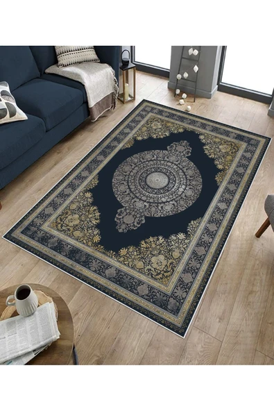 Makinede Yıkanabilir Leke Tutmaz  Lacivert Dot Keçe Kaymaz Taban Göbekli Salon Saçaksız Halı E4157  LACİVERT 80 x 300 - Resim 5