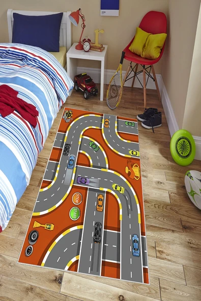 Makinede Yıkanabilir Leke Tutmaz  Gri-Turuncu Dot Keçe Kaymaz Taban Çevre Araç Çocuk Saçaksız Halı H7106  ÇOKLU 100 x 300 - Resim 4