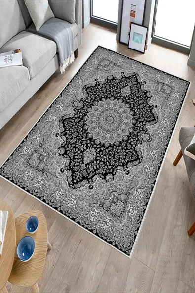 Makinede Yıkanabilir Leke Tutmaz  Gri-Siyah Dot Keçe Kaymaz Taban Göbekli Salon Saçaksız Halı E4170  GRİ-SİYAH 120 x 180 - Resim 3