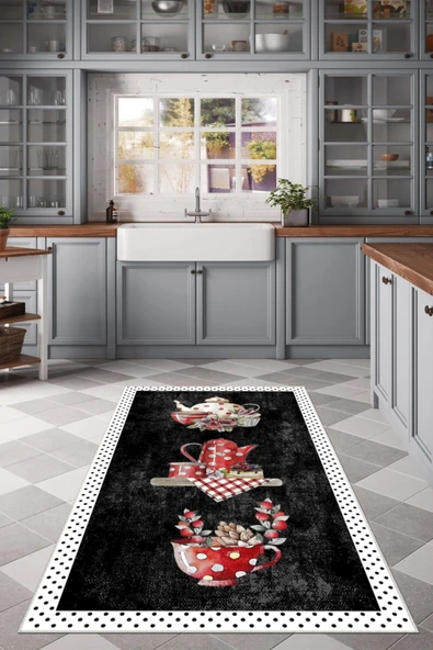 Makinede Yıkanabilir Leke Tutmaz  Siyah Dot Keçe Kaymaz Taban Vintage Tema Mutfak Saçaksız Halı LB202  ÇOKLU 100 x 200