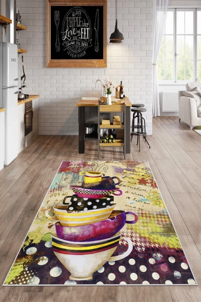Makinede Yıkanabilir Leke Tutmaz  Multi Dot Keçe Kaymaz Taban Vintage Mutfak Saçaksız Halı LB107  ÇOKLU 80 x 300 - Resim 2
