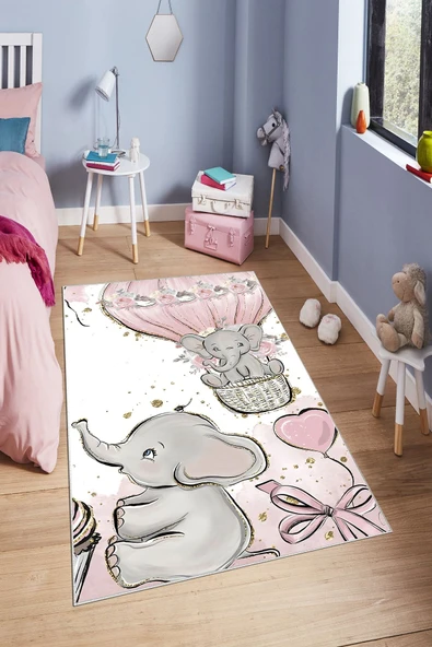 Makinede Yıkanabilir Leke Tutmaz  Gri-Pembe Dot Keçe Kaymaz Taban Sevimli Fil Çocuk Saçaksız Halı H7109  ÇOKLU 120 x 180 - Resim 4