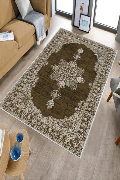 Makinede Yıkanabilir Leke Tutmaz  Kahverengi Dot Keçe Kaymaz Taban Göbekli Salon Saçaksız Halı E4160  KAHVERENGİ 100 x 200 - 3