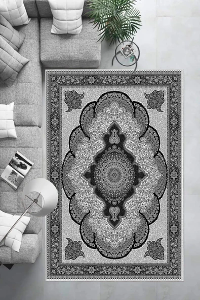 Makinede Yıkanabilir Leke Tutmaz  Siyah-Gri Dot Keçe Kaymaz Taban Göbekli Salon Saçaksız Halı E4164  SİYAH-GRİ 80 x 300 - Resim 6