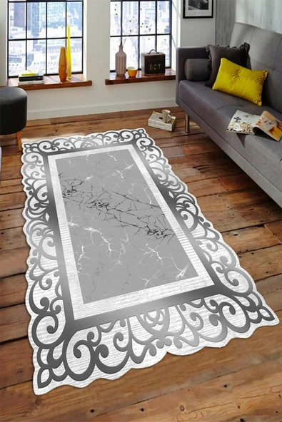 Makinede Yıkanabilir Leke Tutmaz  Gri Pvc Deri Kaymaz Taban Lazer Kesim Salon-Hol Saçaksız Halı L8003-2  GRİ 100 x 300
