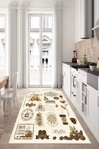 Makinede Yıkanabilir Leke Tutmaz  Krem Dot Keçe Kaymaz Taban Coffe Mutfak Saçaksız Halı LB211  ÇOKLU 160 x 230 - Resim 4