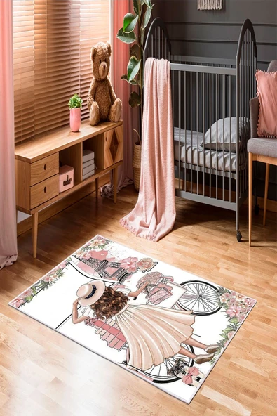 Makinede Yıkanabilir Leke Tutmaz  Beyaz Pvc Deri Kaymaz Taban Tasarım Kız Çocuk Saçaksız Halı H7056  ÇOKLU 130 x 180