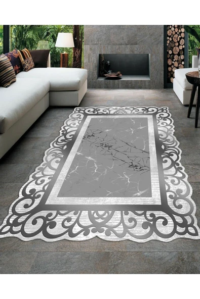 Makinede Yıkanabilir Leke Tutmaz  Gri Pvc Deri Kaymaz Taban Lazer Kesim Salon-Hol Saçaksız Halı L8003-2  GRİ 200 x 300 - 3
