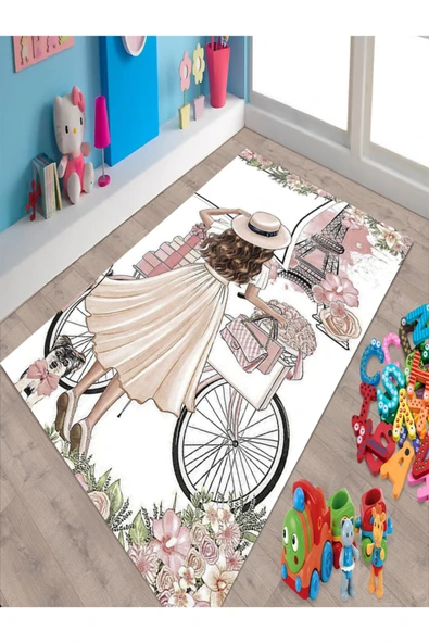 Makinede Yıkanabilir Leke Tutmaz  Beyaz Pvc Deri Kaymaz Taban Tasarım Kız Çocuk Saçaksız Halı H7056  ÇOKLU 160 x 230 - 3