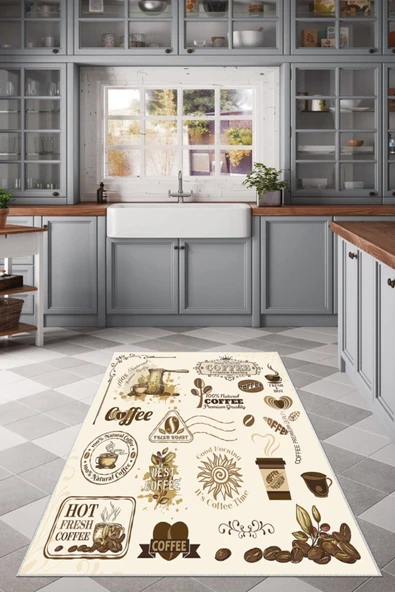 Makinede Yıkanabilir Leke Tutmaz  Krem Dot Keçe Kaymaz Taban Coffe Mutfak Saçaksız Halı LB211  ÇOKLU 200 x 300