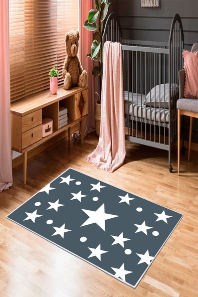 Makinede Yıkanabilir Leke Tutmaz  Proses Mavi Pvc Deri Kaymaz Taban Yıldız Çocuk Saçaksız Halı H7003  ÇOKLU 120 x 180