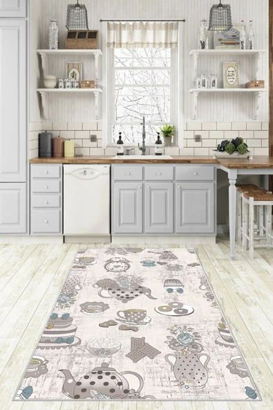 Makinede Yıkanabilir Leke Tutmaz  Krem Dot Keçe Kaymaz Taban Vintage Mutfak Saçaksız Halı LB228  ÇOKLU 180 x 280 - Resim 6