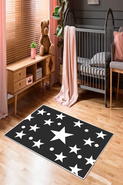 Makinede Yıkanabilir Leke Tutmaz  Antrasit Pvc Deri Kaymaz Taban Yıldız Çocuk Saçaksız Halı H7002  ÇOKLU 120 x 180